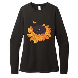 Cute Autumn Fall Sleeping Black Kitty Leaves Womens CVC Long Sleeve Shirt