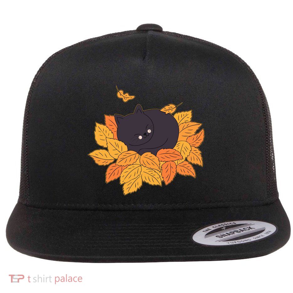 Cute Autumn Fall Sleeping Black Kitty Leaves Flat Bill Trucker Hat