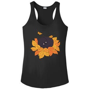 Cute Autumn Fall Sleeping Black Kitty Leaves Ladies PosiCharge Competitor Racerback Tank