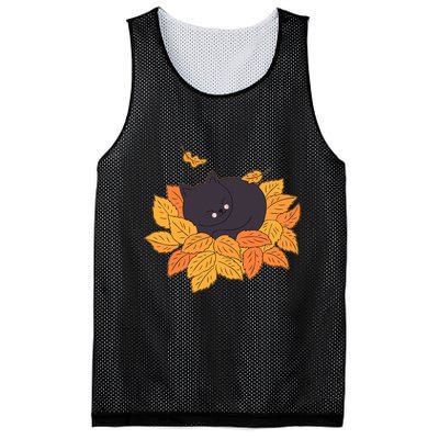 Cute Autumn Fall Sleeping Black Kitty Leaves Mesh Reversible Basketball Jersey Tank