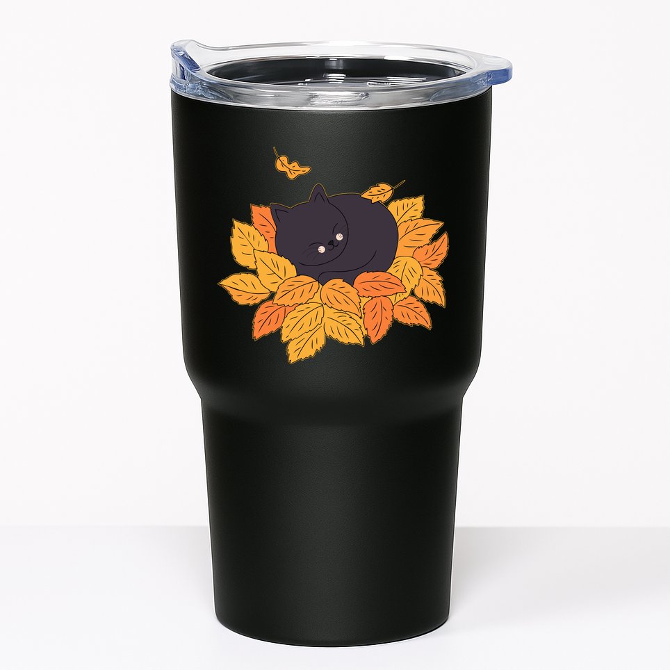 Cute Autumn Fall Sleeping Black Kitty Leaves Tumbler