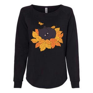 Cute Autumn Fall Sleeping Black Kitty Leaves Womens California Wash Sweatshirt