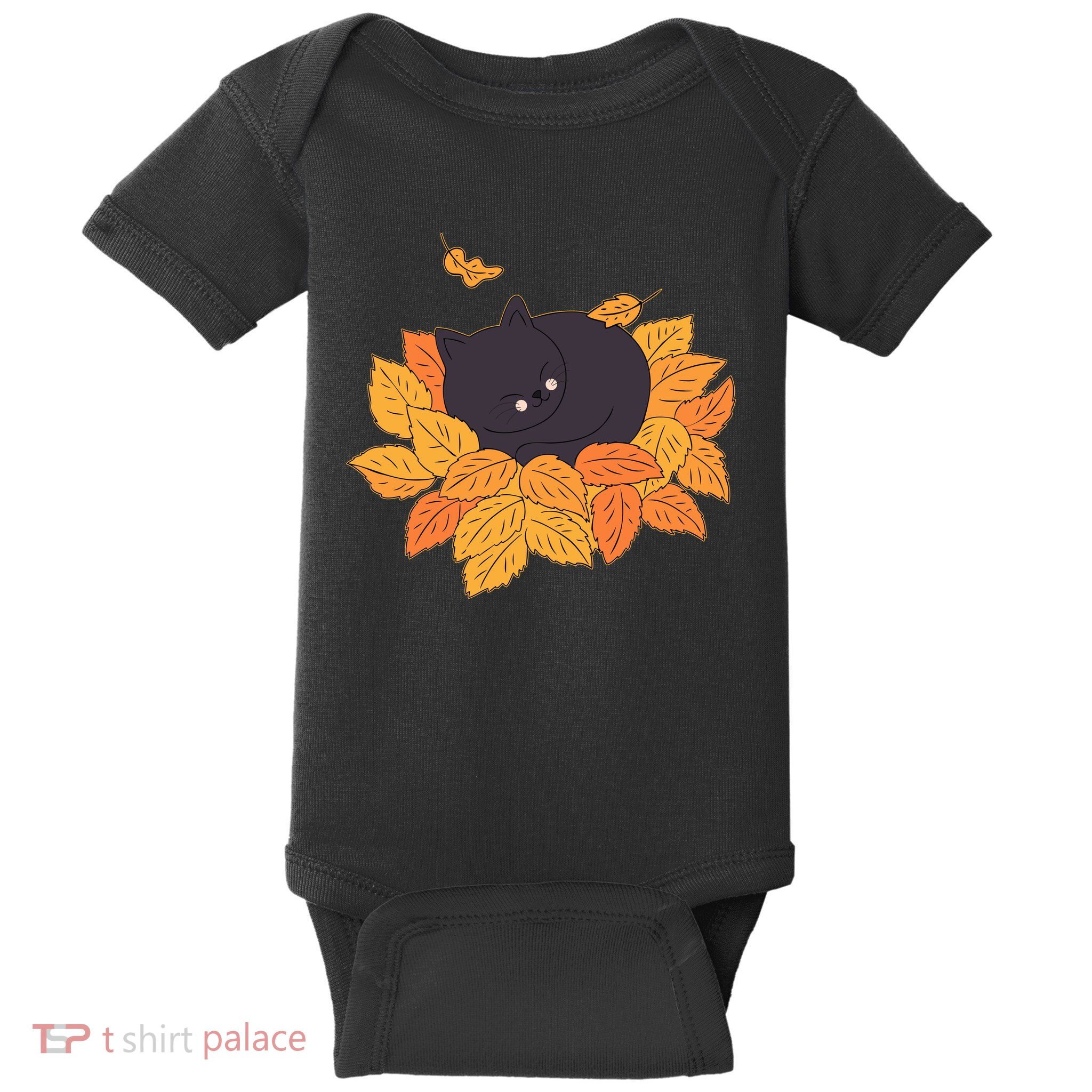 Cute Autumn Fall Sleeping Black Kitty Leaves Baby Bodysuit
