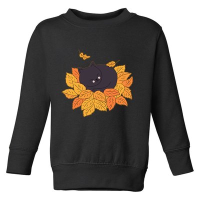 Cute Autumn Fall Sleeping Black Kitty Leaves Toddler Sweatshirt