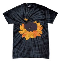 Cute Autumn Fall Sleeping Black Kitty Leaves Tie-Dye T-Shirt