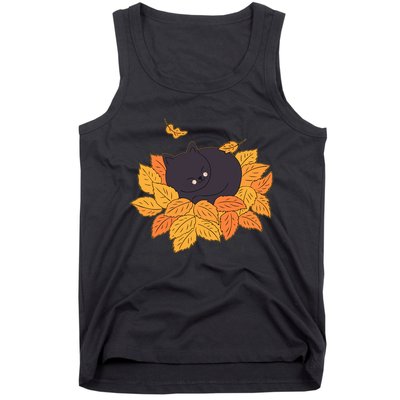 Cute Autumn Fall Sleeping Black Kitty Leaves Tank Top