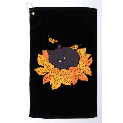 Cute Autumn Fall Sleeping Black Kitty Leaves Golf Towel
