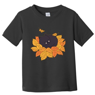 Cute Autumn Fall Sleeping Black Kitty Leaves Toddler T-Shirt