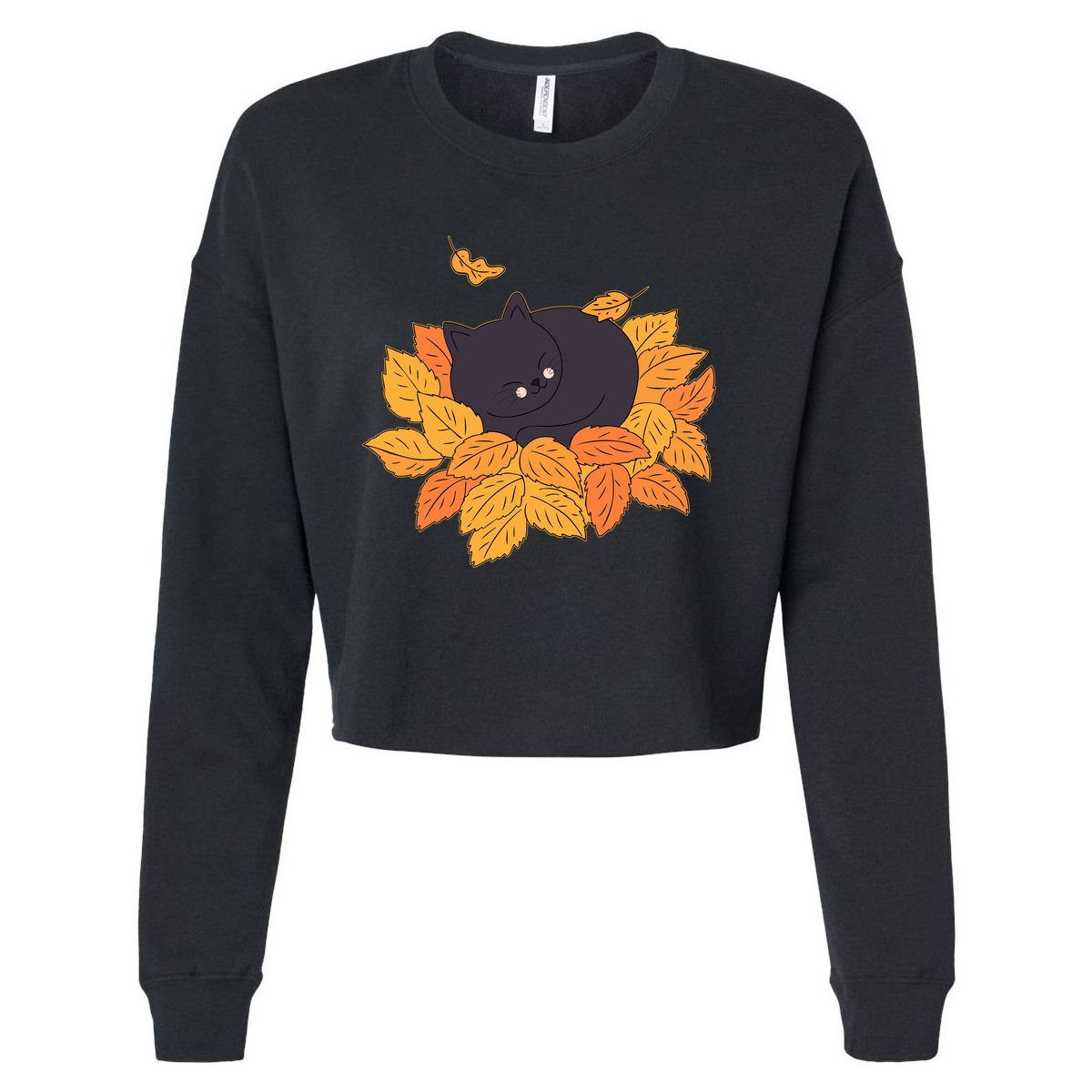 Cute Autumn Fall Sleeping Black Kitty Leaves Cropped Pullover Crew