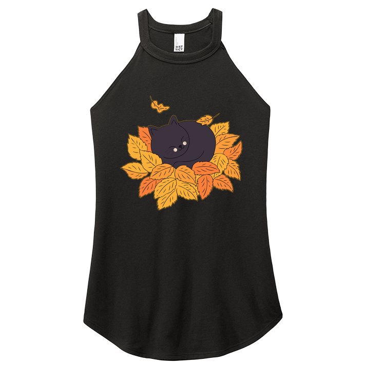 Cute Autumn Fall Sleeping Black Kitty Leaves Women's Perfect Tri Rocker Tank