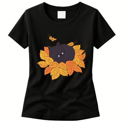 Cute Autumn Fall Sleeping Black Kitty Leaves Womens T-Shirt