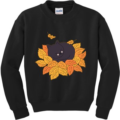 Cute Autumn Fall Sleeping Black Kitty Leaves Kids Sweatshirt