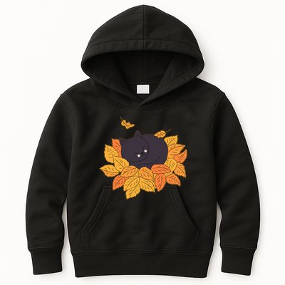 Cute Autumn Fall Sleeping Black Kitty Leaves Kids Hoodie