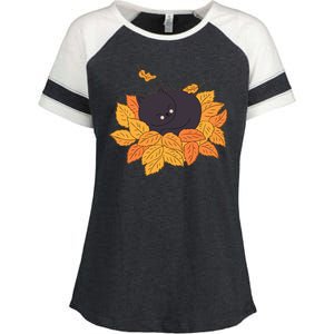 Cute Autumn Fall Sleeping Black Kitty Leaves Enza Ladies Jersey Colorblock Tee