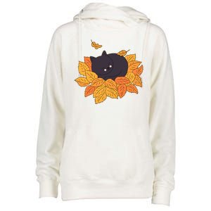 Cute Autumn Fall Sleeping Black Kitty Leaves Womens Funnel Neck Pullover Hood