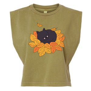 Cute Autumn Fall Sleeping Black Kitty Leaves Garment-Dyed Women's Muscle Tee