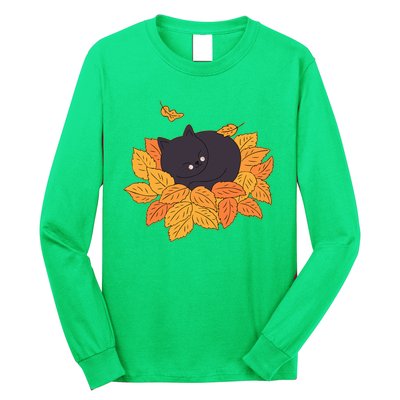 Cute Autumn Fall Sleeping Black Kitty Leaves Long Sleeve Shirt