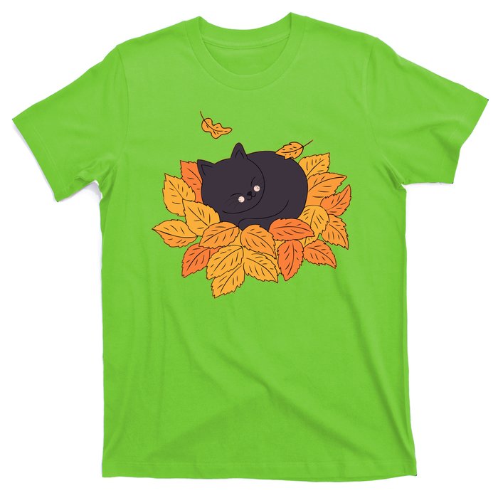 Cute Autumn Fall Sleeping Black Kitty Leaves T-Shirt