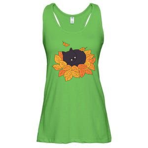 Cute Autumn Fall Sleeping Black Kitty Leaves Ladies Essential Flowy Tank