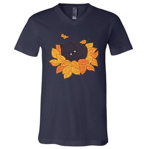 Cute Autumn Fall Sleeping Black Kitty Leaves V-Neck T-Shirt