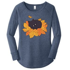 Cute Autumn Fall Sleeping Black Kitty Leaves Women's Perfect Tri Tunic Long Sleeve Shirt