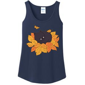 Cute Autumn Fall Sleeping Black Kitty Leaves Ladies Essential Tank