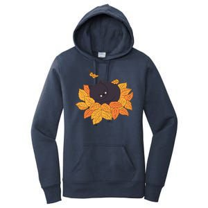 Cute Autumn Fall Sleeping Black Kitty Leaves Women's Pullover Hoodie