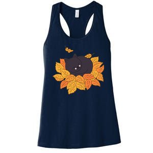 Cute Autumn Fall Sleeping Black Kitty Leaves Women's Racerback Tank