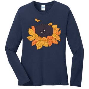 Cute Autumn Fall Sleeping Black Kitty Leaves Ladies Long Sleeve Shirt