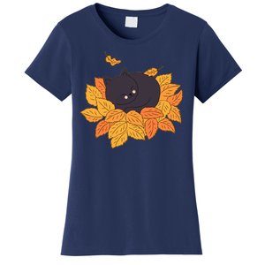 Cute Autumn Fall Sleeping Black Kitty Leaves Women's T-Shirt