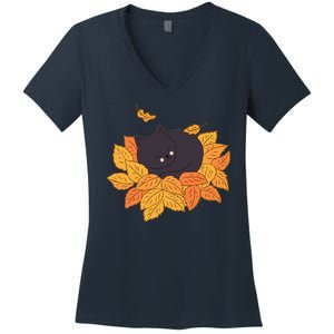 Cute Autumn Fall Sleeping Black Kitty Leaves Women's V-Neck T-Shirt