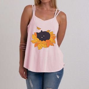 Cute Autumn Fall Sleeping Black Kitty Leaves Women's Strappy Tank