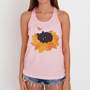 Cute Autumn Fall Sleeping Black Kitty Leaves Women's Knotted Racerback Tank