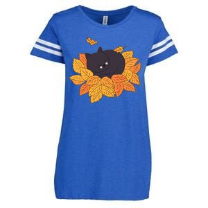 Cute Autumn Fall Sleeping Black Kitty Leaves Enza Ladies Jersey Football T-Shirt