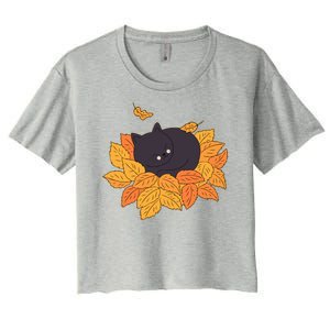 Cute Autumn Fall Sleeping Black Kitty Leaves Women's Crop Top Tee