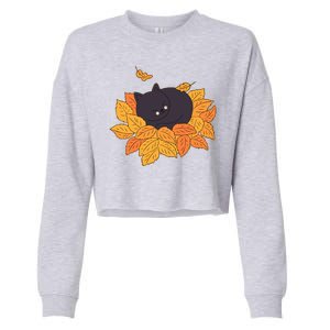 Cute Autumn Fall Sleeping Black Kitty Leaves Cropped Pullover Crew