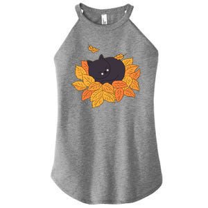 Cute Autumn Fall Sleeping Black Kitty Leaves Women's Perfect Tri Rocker Tank