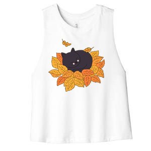 Cute Autumn Fall Sleeping Black Kitty Leaves Women's Racerback Cropped Tank