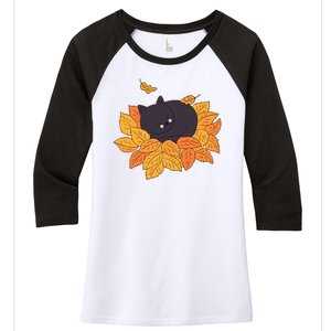 Cute Autumn Fall Sleeping Black Kitty Leaves Women's Tri-Blend 3/4-Sleeve Raglan Shirt