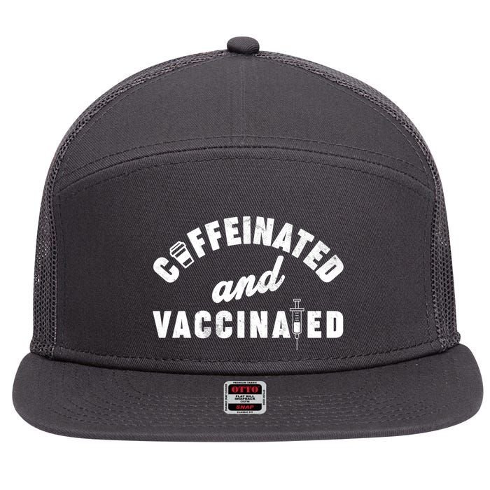 Caffeinated And Vaccinated 7 Panel Mesh Trucker Snapback Hat