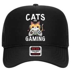 Cats And Gaming Funny Cat Lover Gaming Gift Gamer High Crown Mesh Back Trucker Hat