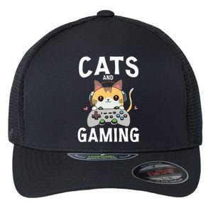 Cats And Gaming Funny Cat Lover Gaming Gift Gamer Flexfit Unipanel Trucker Cap