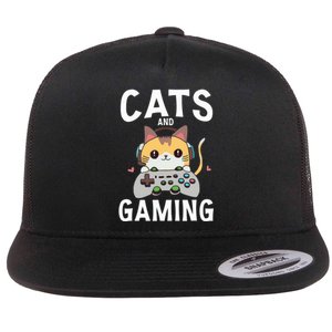 Cats And Gaming Funny Cat Lover Gaming Gift Gamer Flat Bill Trucker Hat