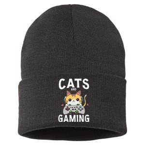 Cats And Gaming Funny Cat Lover Gaming Gift Gamer Sustainable Knit Beanie