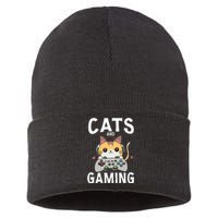 Cats And Gaming Funny Cat Lover Gaming Gift Gamer Sustainable Knit Beanie