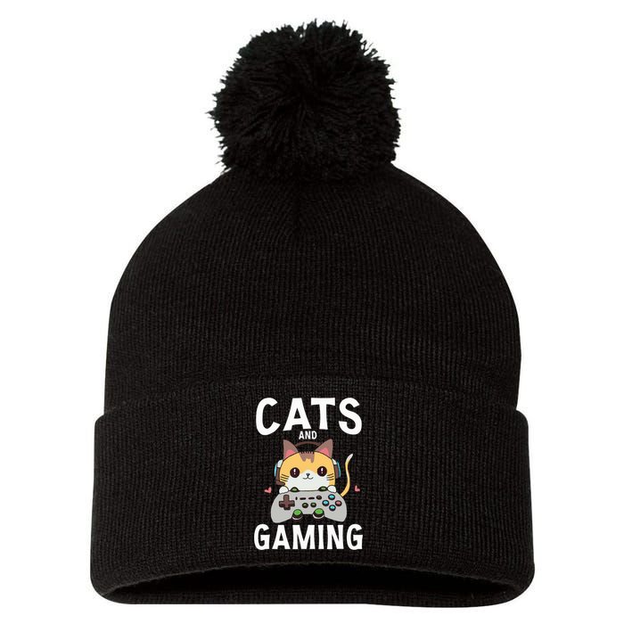 Cats And Gaming Funny Cat Lover Gaming Gift Gamer Pom Pom 12in Knit Beanie