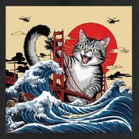 Catzilla Attacking Golden Gate Bridge Funny Cat Design  7 Panel Mesh Trucker Snapback Hat