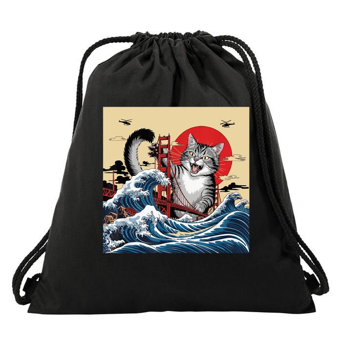 Catzilla Attacking Golden Gate Bridge Funny Cat Design  Drawstring Bag