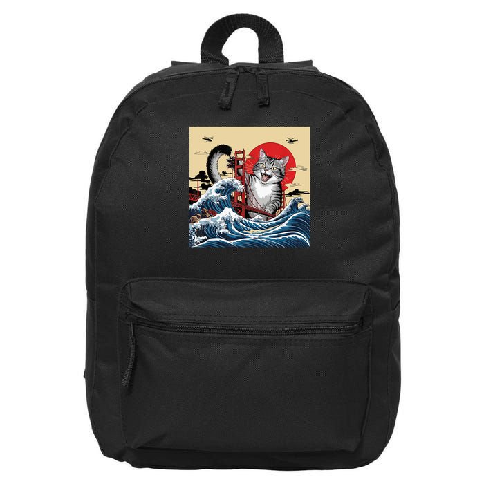 Catzilla Attacking Golden Gate Bridge Funny Cat Design  16 in Basic Backpack