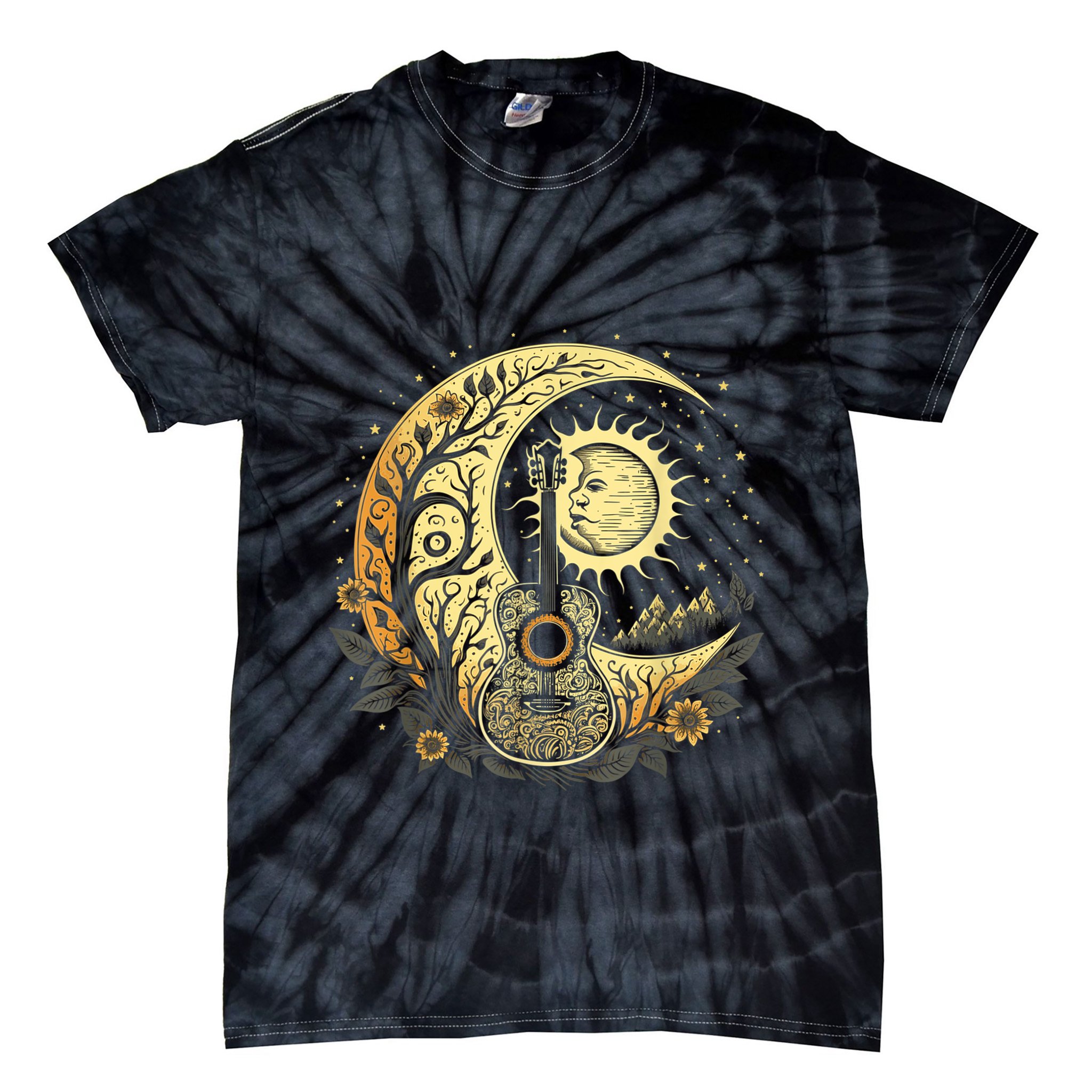 Cottagecore Acoustic Guitar With Moon, Sun And Stars Tie-Dye T-Shirt